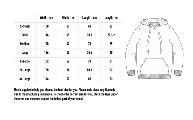 Size chart for SPLAT! Signature Hoodie - Black
